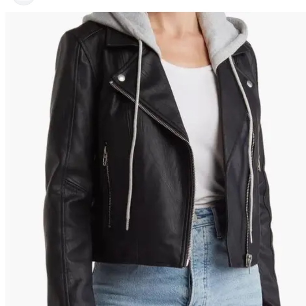 Blank NYC Black Faux Leather Moto Jacket with Gray Hood